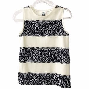 Old Navy Sleeveless Shell Tank Top Cream Navy Blue Jacquard Print Colorblock XS